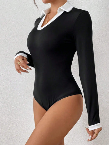 Contrast Color Block Polo Collar Short Sleeve Bodysuit, Slim Fit & Flattering