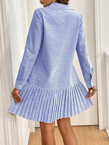 Crew Neck Long Sleeve Pleated Hem Buttoned Women Dress