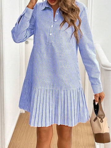 Crew Neck Long Sleeve Pleated Hem Buttoned Women Dress
