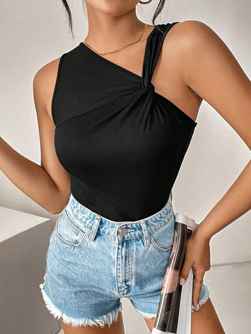Daily Casual Shoulder Knot Asymmetrical Ribbed Bodysuit