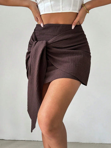 Essnce Deep Brown Front Tie Wrapped Mini Skirt