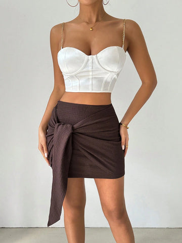 Essnce Deep Brown Front Tie Wrapped Mini Skirt