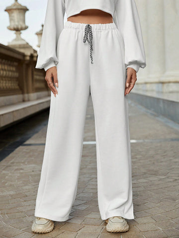 Essnce Drawstring Waist Split Hem Wide Leg Sweatpants