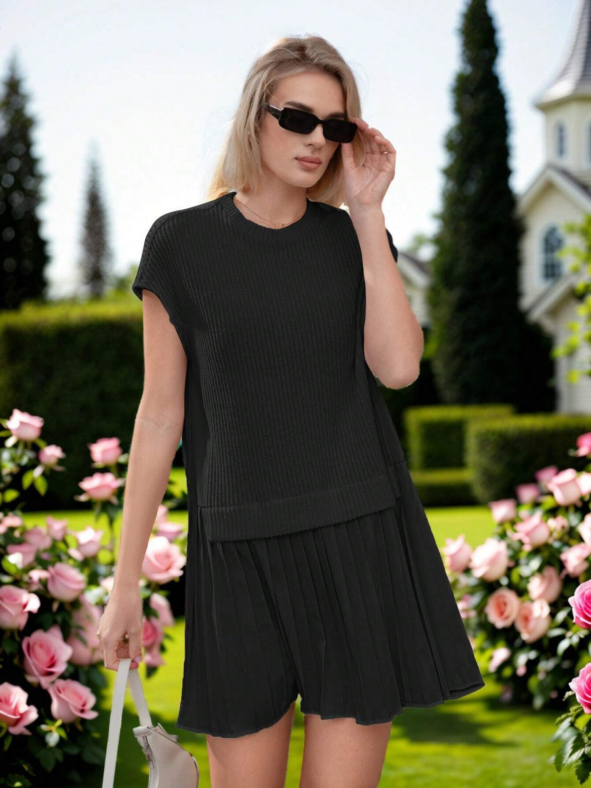 Drop Shoulder Pleated Hem 2 In 1 Dress