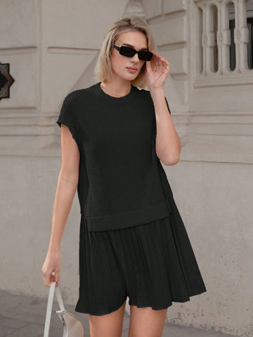 Drop Shoulder Pleated Hem 2 In 1 Dress