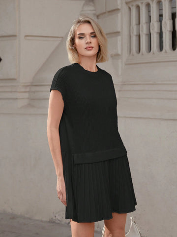 Drop Shoulder Pleated Hem 2 In 1 Dress