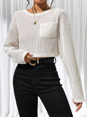 Drop Shoulder Pocket Patched Crop Tee