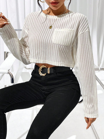 Drop Shoulder Pocket Patched Crop Tee