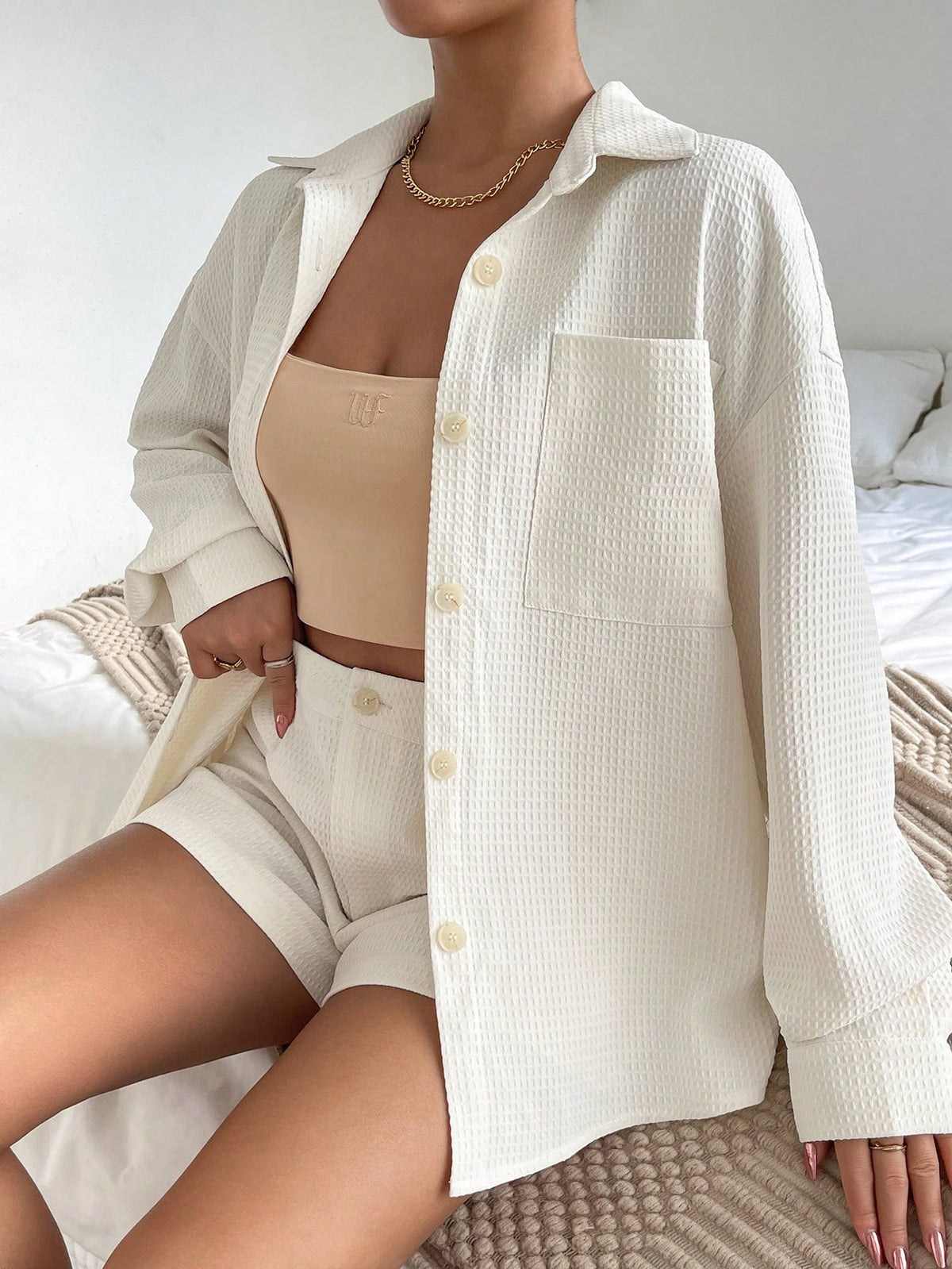 Drop Shoulder Pocket Patched Shirt & Shorts