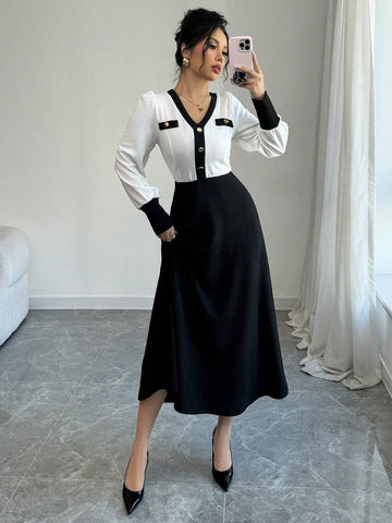 Elegant Black & White Colorblock Cinched Waist Dress For Autumn