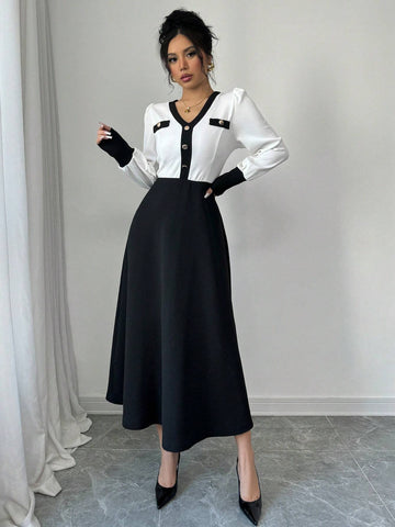 Elegant Black & White Colorblock Cinched Waist Dress For Autumn