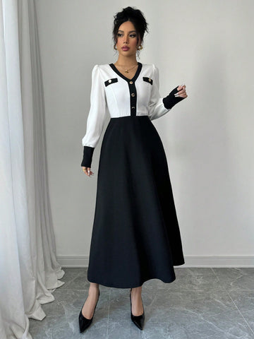 Elegant Black & White Colorblock Cinched Waist Dress For Autumn