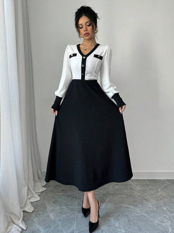 Elegant Black & White Colorblock Cinched Waist Dress For Autumn