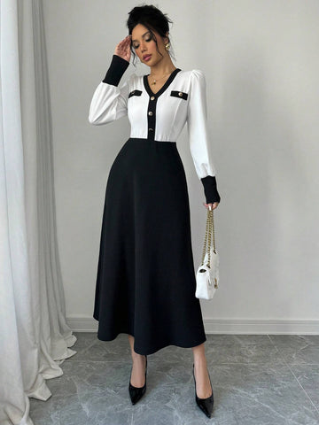 Elegant Black & White Colorblock Cinched Waist Dress For Autumn