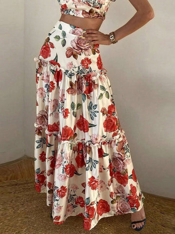 Essnce Elegant Floral Print Tiered Skirt For Summer