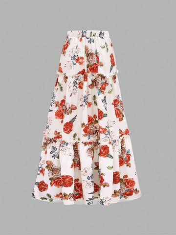 Essnce Elegant Floral Print Tiered Skirt For Summer