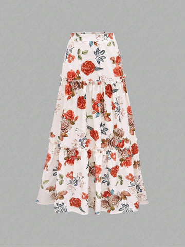 Essnce Elegant Floral Print Tiered Skirt For Summer
