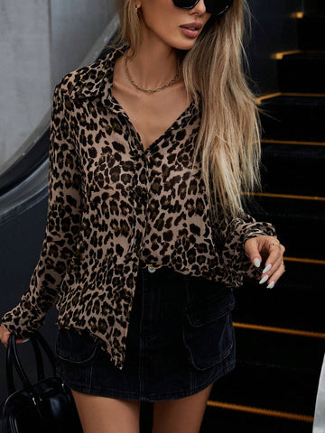 Essnce Elegant Sheer Chiffon Long Sleeve Collared Button-Down Leopard Print Blouse