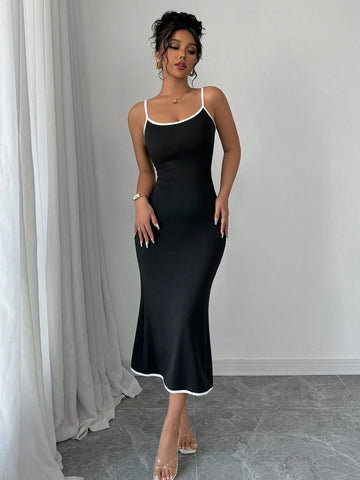Elegant Women Summer Colorblock Fishtail Hem Bodycon Camisole Dress