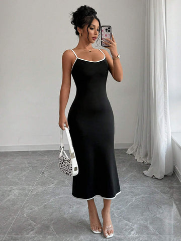 Elegant Women Summer Colorblock Fishtail Hem Bodycon Camisole Dress