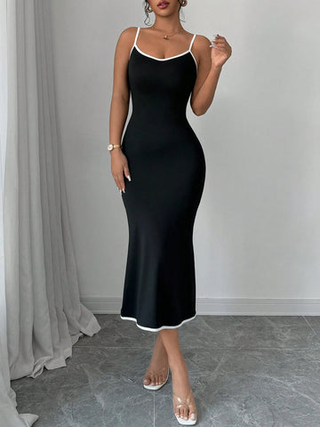 Elegant Women Summer Colorblock Fishtail Hem Bodycon Camisole Dress
