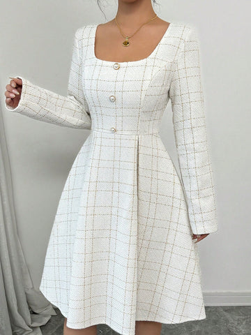 Fashionable Casual Elegant Square Collar Gathered Waist Pleated A-Line Metallic Thread Textured