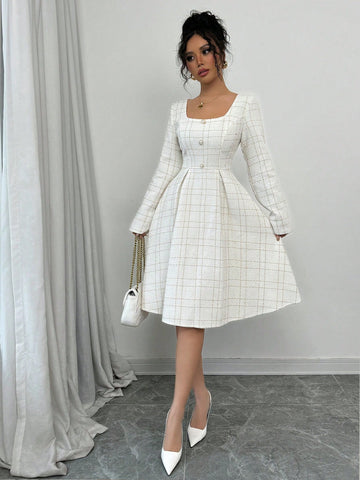 Fashionable Casual Elegant Square Collar Gathered Waist Pleated A-Line Metallic Thread Textured