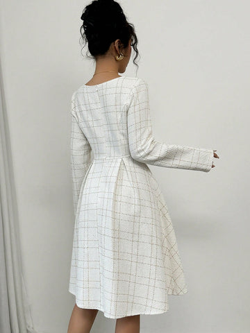 Fashionable Casual Elegant Square Collar Gathered Waist Pleated A-Line Metallic Thread Textured