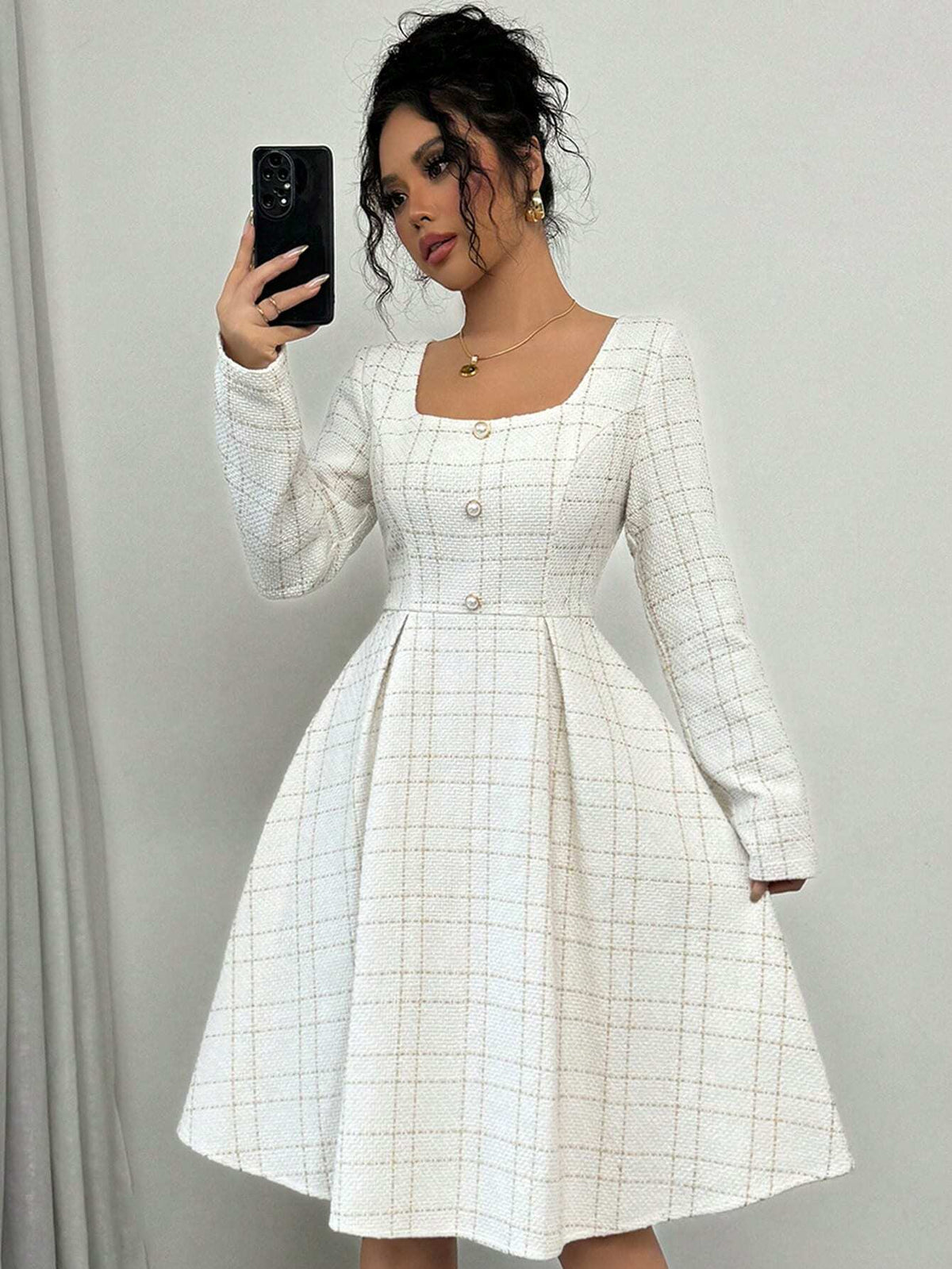 Fashionable Casual Elegant Square Collar Gathered Waist Pleated A-Line Metallic Thread Textured