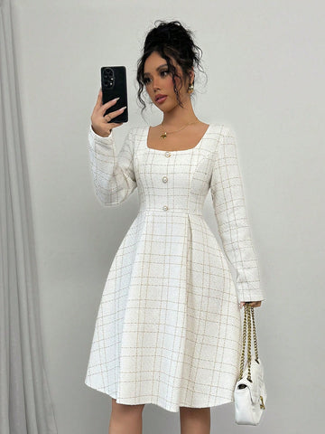 Fashionable Casual Elegant Square Collar Gathered Waist Pleated A-Line Metallic Thread Textured