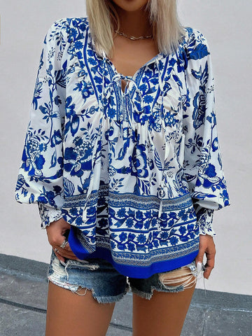 Essnce Fashionable Casual V-Neck Long Sleeve Scattered Ditsy Floral Placement Floral Shirt Top