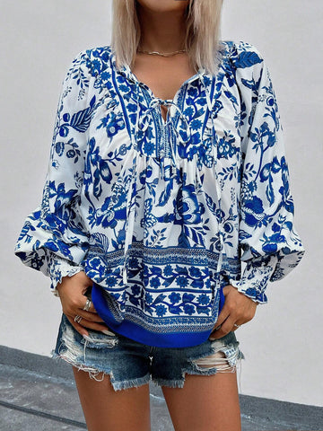 Essnce Fashionable Casual V-Neck Long Sleeve Scattered Ditsy Floral Placement Floral Shirt Top