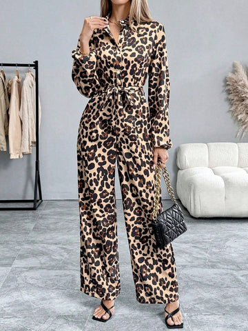 Fashionable Leopard Print Lantern Sleeve Jumpsuit, Spring Autumn