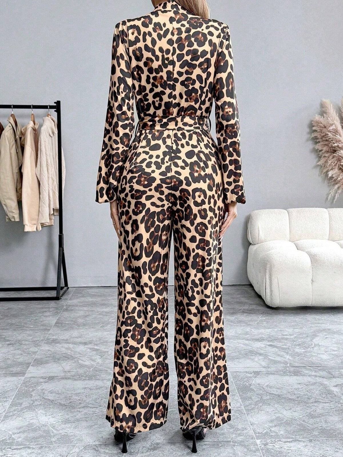 Fashionable Leopard Print Lantern Sleeve Jumpsuit, Spring Autumn