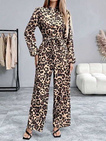 Fashionable Leopard Print Lantern Sleeve Jumpsuit, Spring Autumn