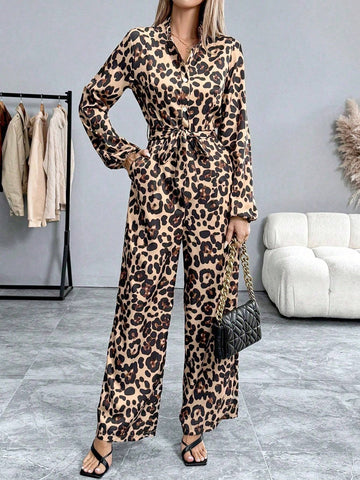 Fashionable Leopard Print Lantern Sleeve Jumpsuit, Spring Autumn