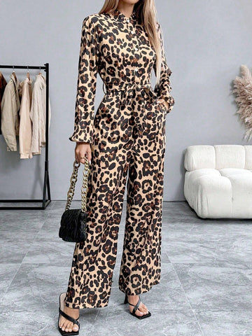 Fashionable Leopard Print Lantern Sleeve Jumpsuit, Spring Autumn