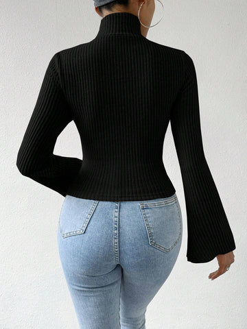 Flared Long Sleeve Hollow Out Top