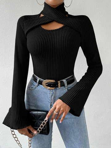 Flared Long Sleeve Hollow Out Top