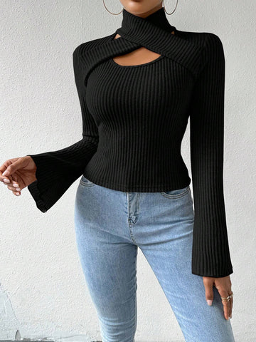 Flared Long Sleeve Hollow Out Top