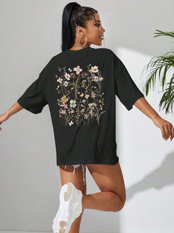 Essnce Floral Print Drop Shoulder Tee