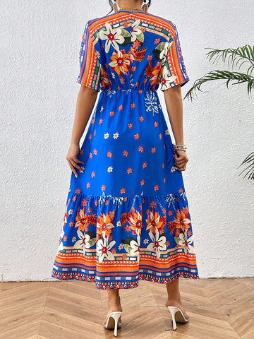 Floral Print Short Sleeve V-Neck Slim Fit Belted Dress