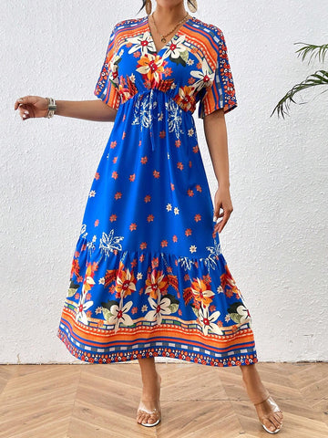 Floral Print Short Sleeve V-Neck Slim Fit Belted Dress