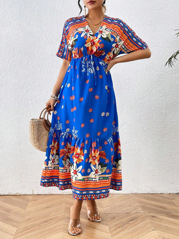 Floral Print Short Sleeve V-Neck Slim Fit Belted Dress