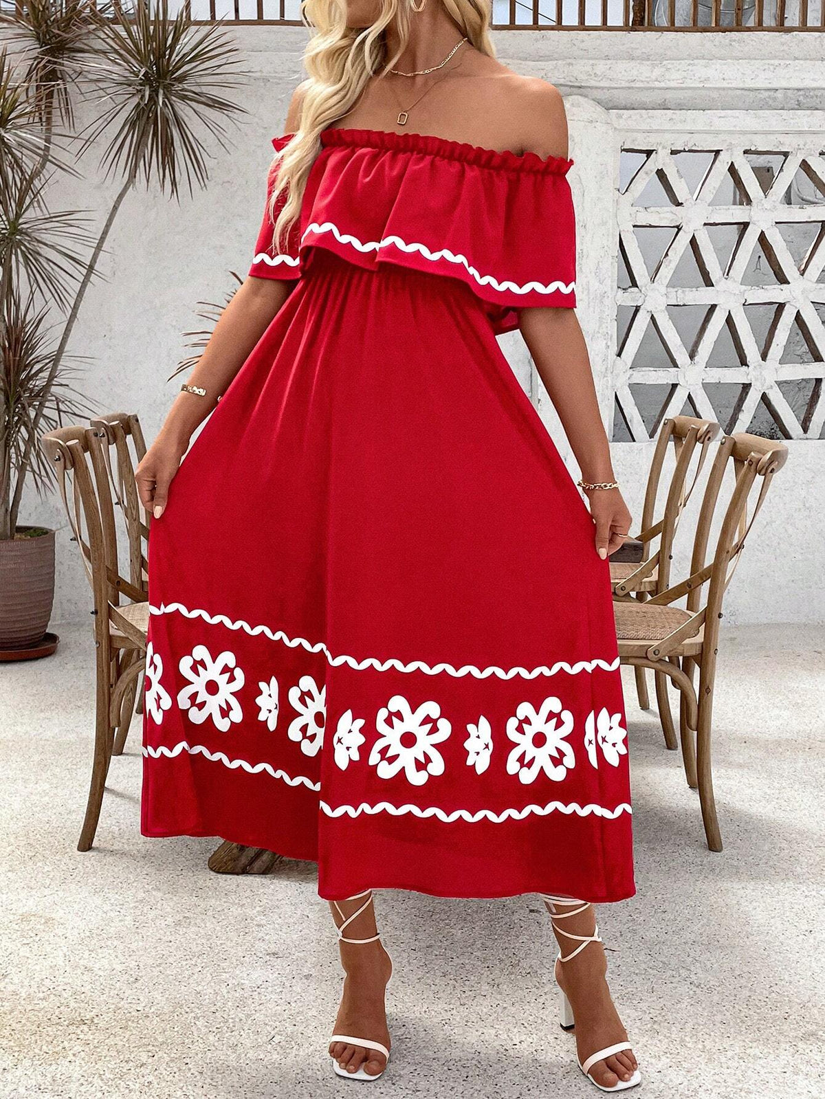Floral Printed Pleated Off-Shoulder Dress For Summer