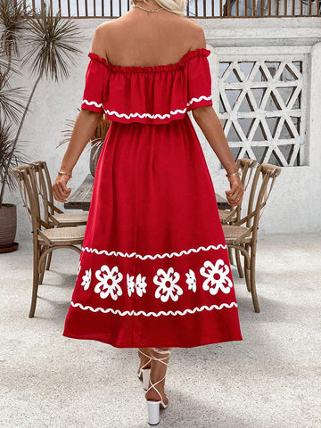 Floral Printed Pleated Off-Shoulder Dress For Summer