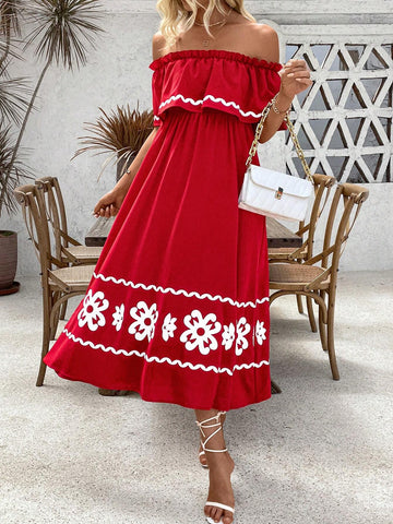 Floral Printed Pleated Off-Shoulder Dress For Summer