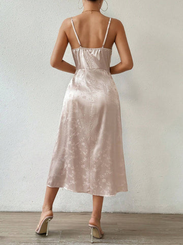 Flower Jacquard Split Hem Spaghetti Strap Dress