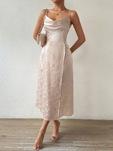 Flower Jacquard Split Hem Spaghetti Strap Dress