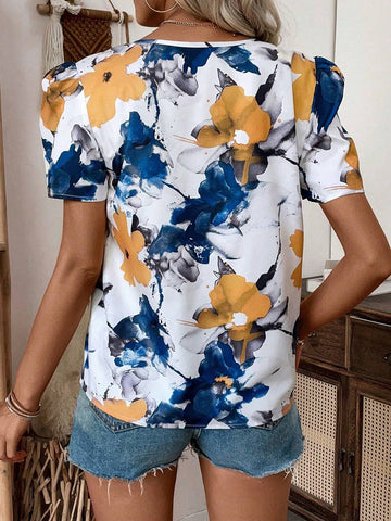 Essnce Flower Printed Puff Sleeve Shirt For Vacation And Leisure
